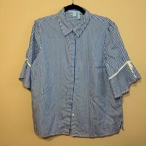 Draper James Blue White Striped Bell Sleeve Bow Button Down Shirt Womens 14